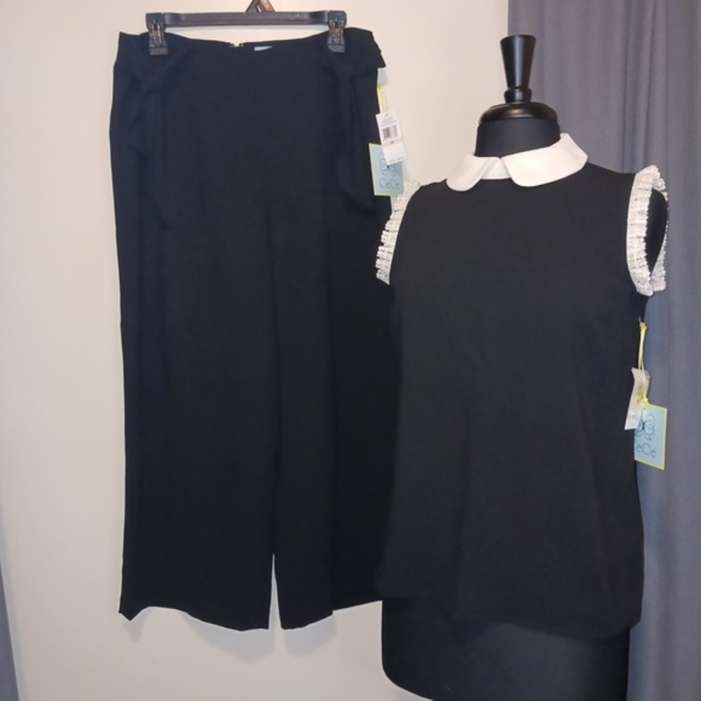 NWT CeCe Black Sleeveless Peter Pan white Collar Top S Wide Leg Cropped Pants 10